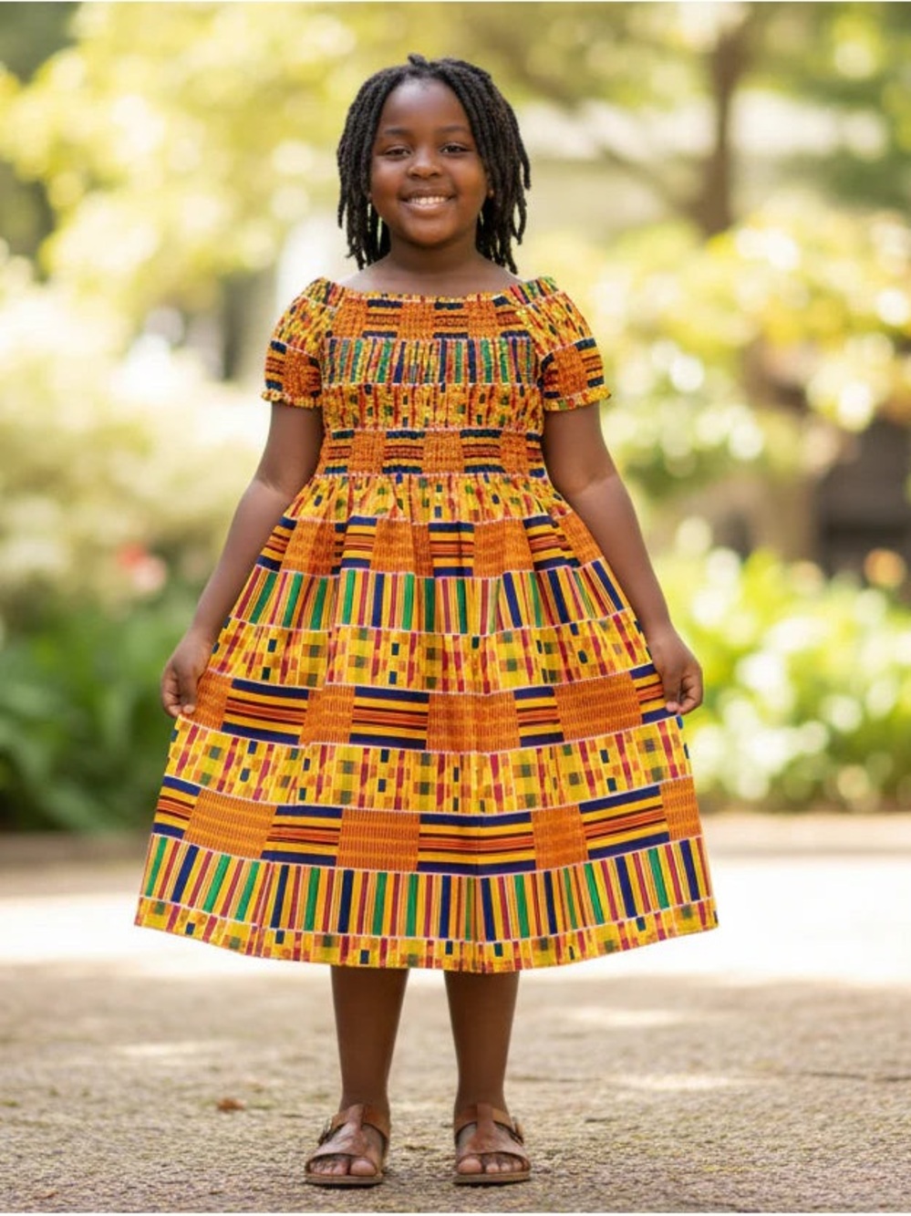 Smocked Off-Shoulder Kente Print Girls' Dress - Yellow Multi